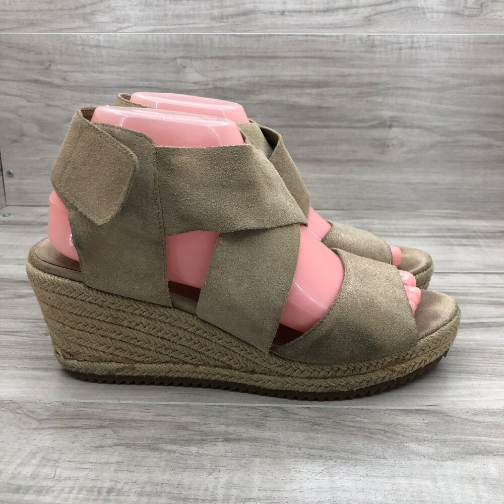 Eileen Fisher Wedge Sandals Womens 8.5 Willow Tan Glitter Suede Hook and Loop
